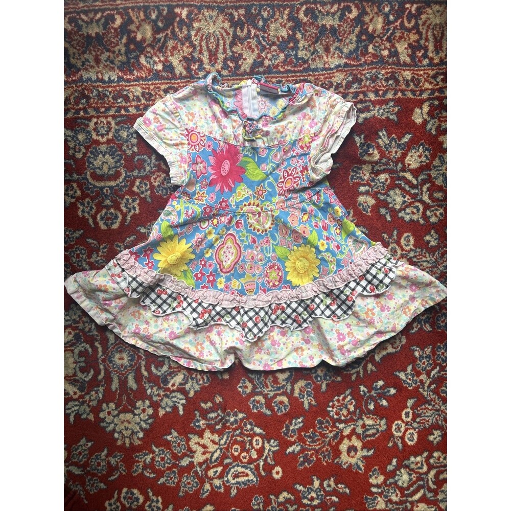 Oilily Girls Dress SZ 4-5 Patchwork Floral Cherry Ruffle Boutique Style
